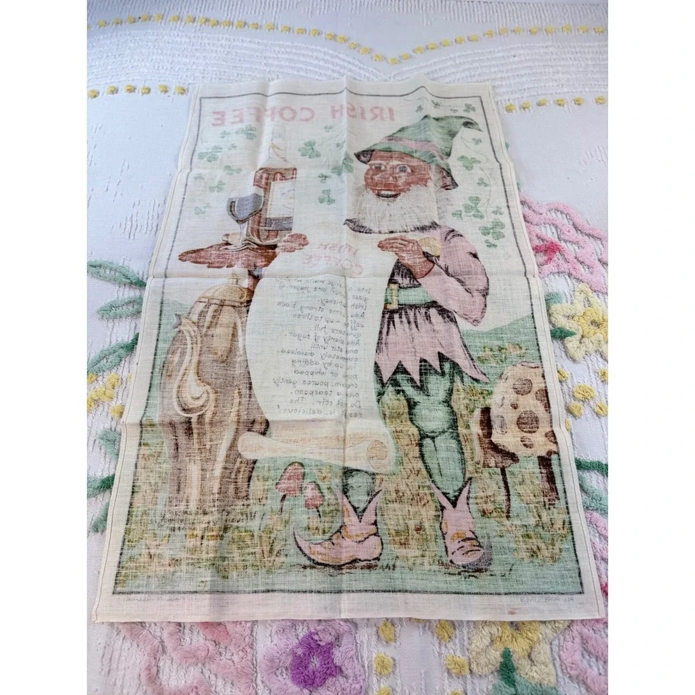 Vintage Irish Coffee Tea Towel Pure Linen Made in Ireland Leprechaun Recipe